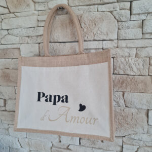 Sac cabas en jute et coton, naturel et blanc, personnalisable et imperméabilisé, avec l'inscription Papa d'Amour. Cadeau original.