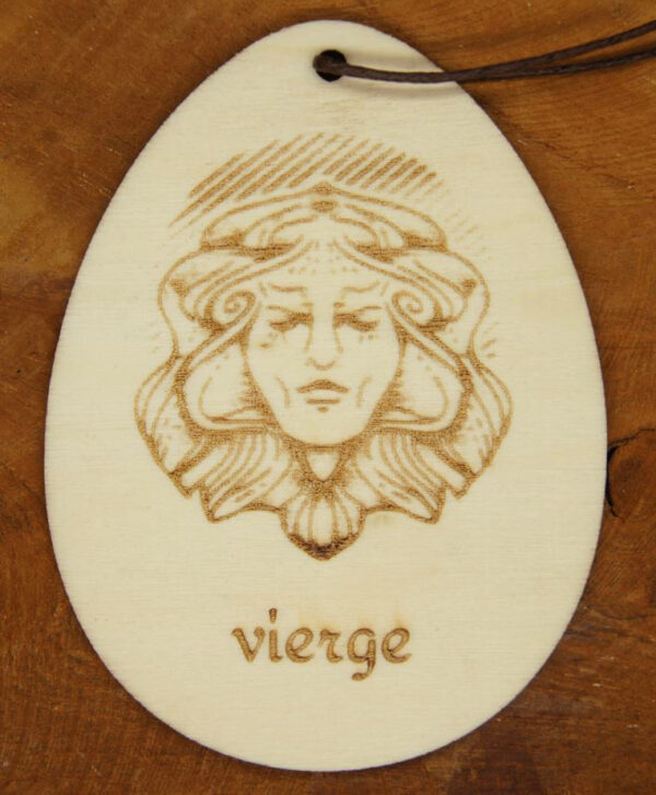 Pendentif signe du zodiaque de la vierge. Gravure sur bois. bijou artisanal personnalisé.