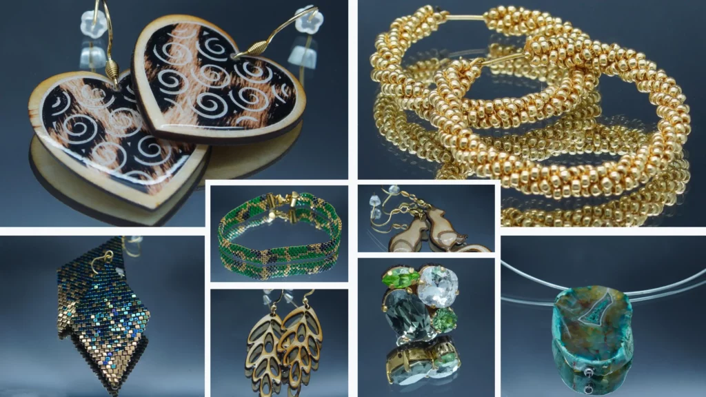 Présentation élégante de bijoux fantaisie modernes sur surface réfléchissante. Les images mettent en valeur des boucles d'oreilles décorées et laquées, des bagues serties de pierres aux reflets multicolores, des colliers avec des pierres aux éclats profonds, ainsi que des bracelets ornés de perles colorées et de perles Miyuki. Des jeux de lumière subtils accentuent les textures et la brillance des matériaux, créant une ambiance raffinée et contemporaine.