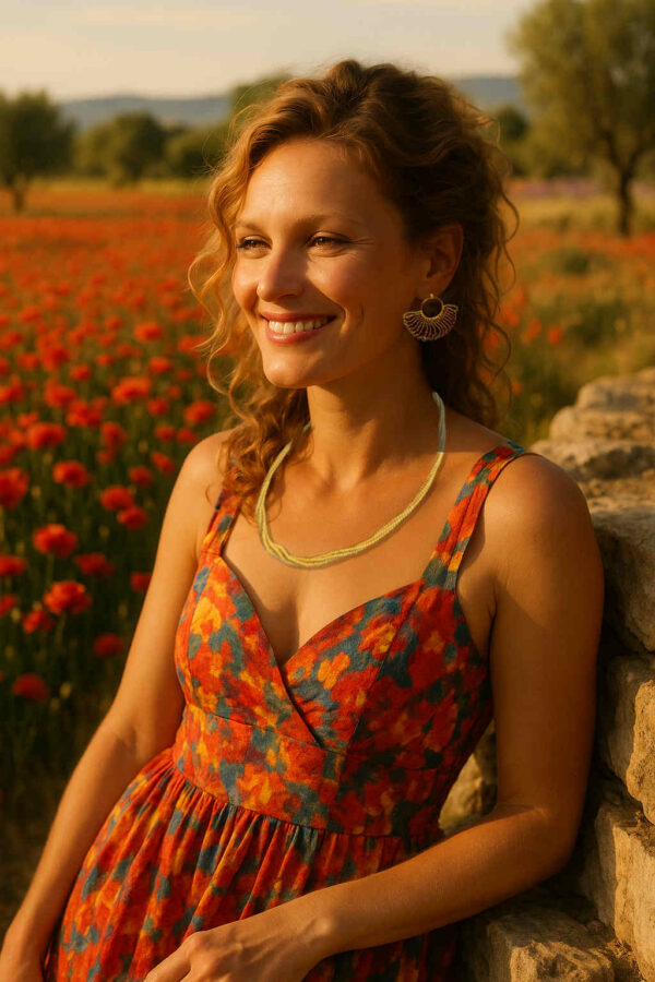 Jeune femme en robe portant un collier et des boucles d'oreilles