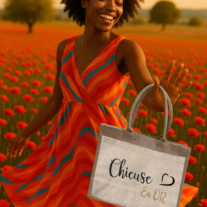 Jeune femme souriante jouant avec son sac